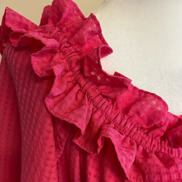 Who What Wear Pink Ruffle Off the Shoulder Midi Dress - Picture 7 of 9